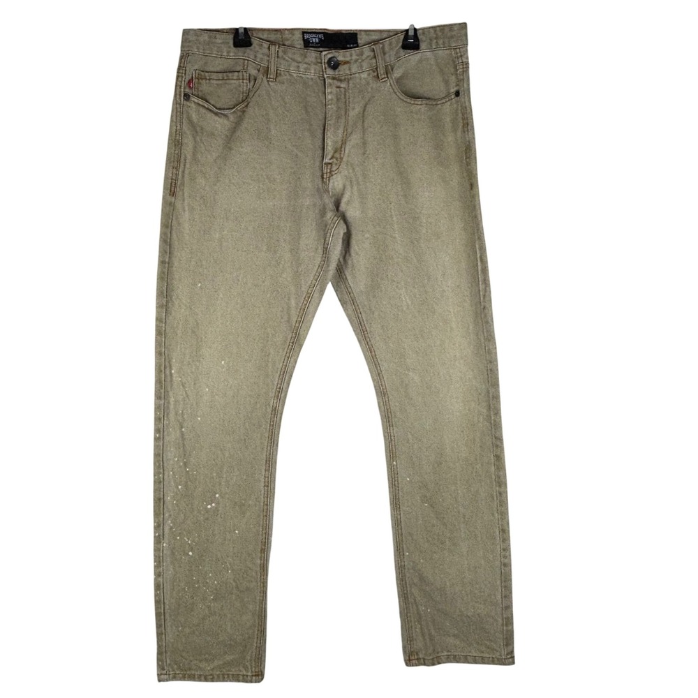 Rocawear Brooklyns Own Slim Fit Jeans Mens 36 Tan Sand Wash Denim Paint Splatter